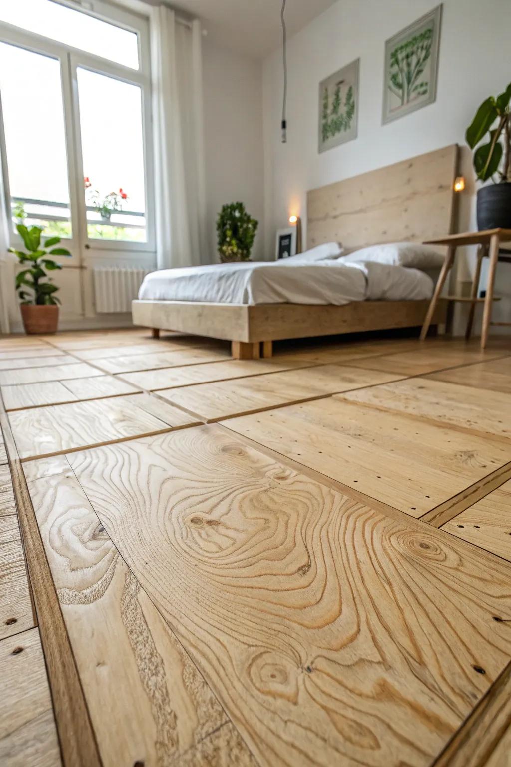 Transform your bedroom into a serene retreat with stunning plywood flooring that blends nature with modern design.