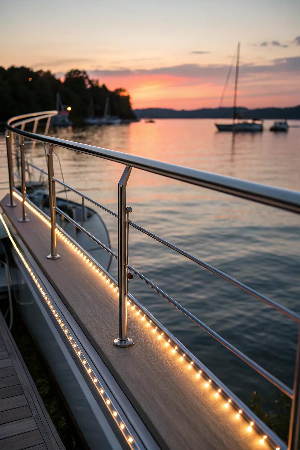Elevate your pontoon experience with stylish integrated lighting railings, perfect for enchanting sunset cruises.