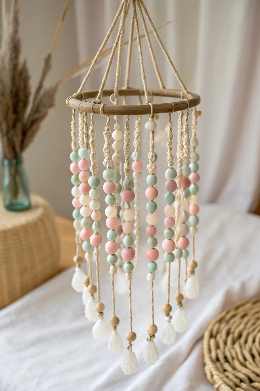 Elevate your space with the gentle allure of a handmade beaded wind chime. Perfect harmony of simplicity and elegance.