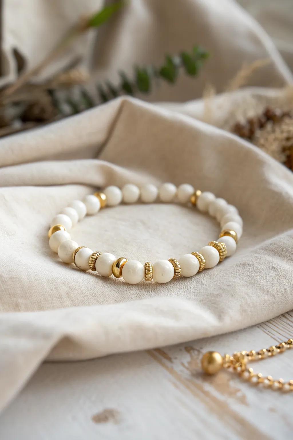 Embrace simplicity with this minimalist white and gold clay bead bracelet - perfect for adding a touch of elegance to any summer outfit.