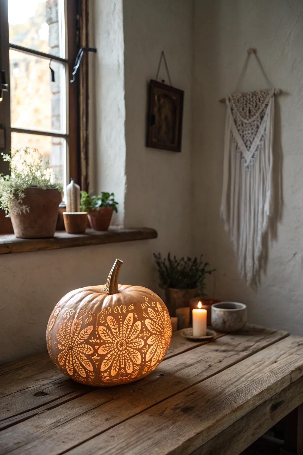 Add a touch of elegance to your Halloween decor with this beautifully carved lace-patterned pumpkin.