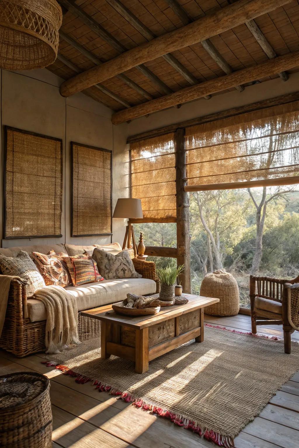 Woven wood shades offer privacy with a warm, organic touch.