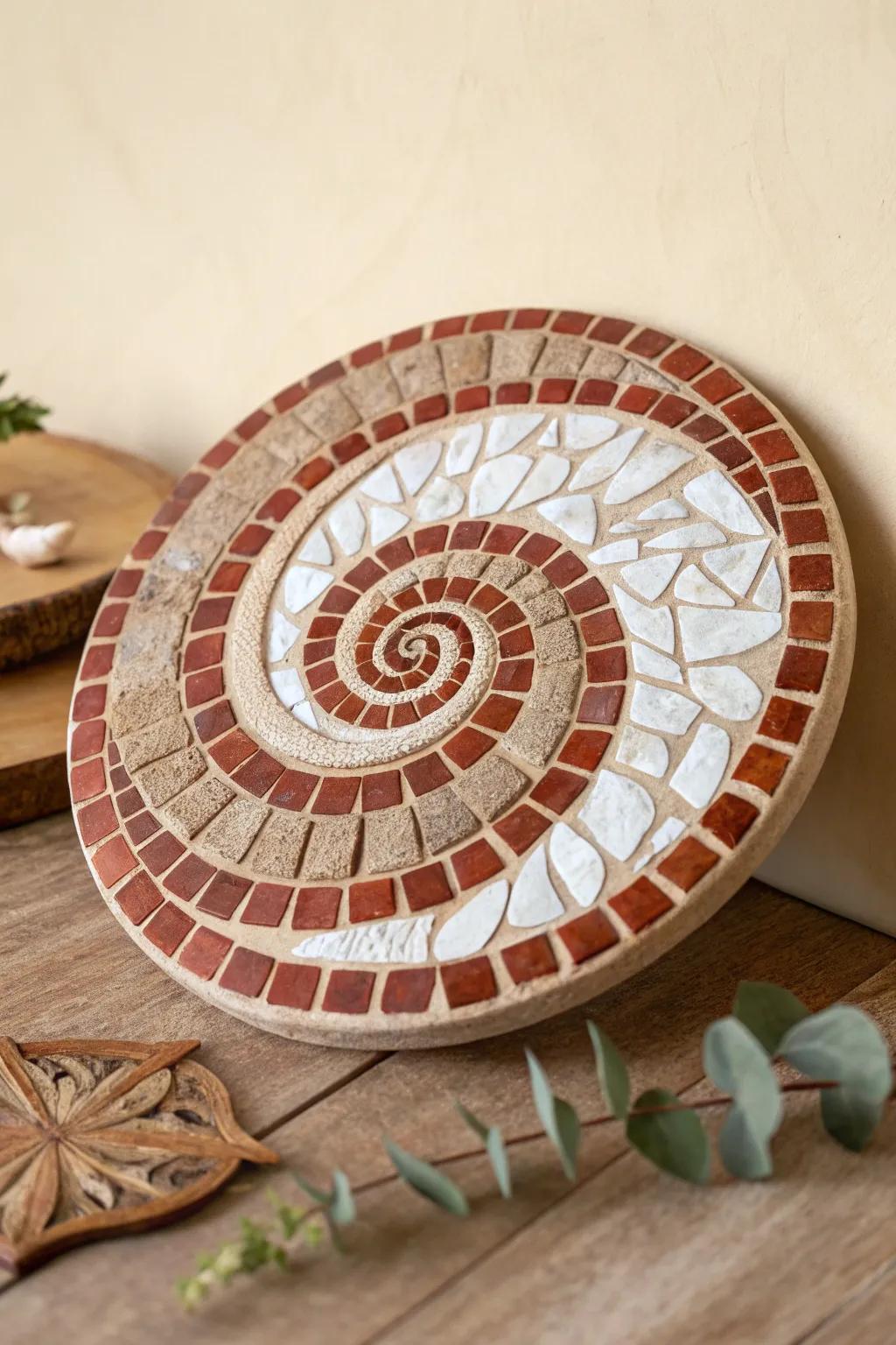 Elevate your space with a stunning spiral mosaic that embodies simplicity and artistry.