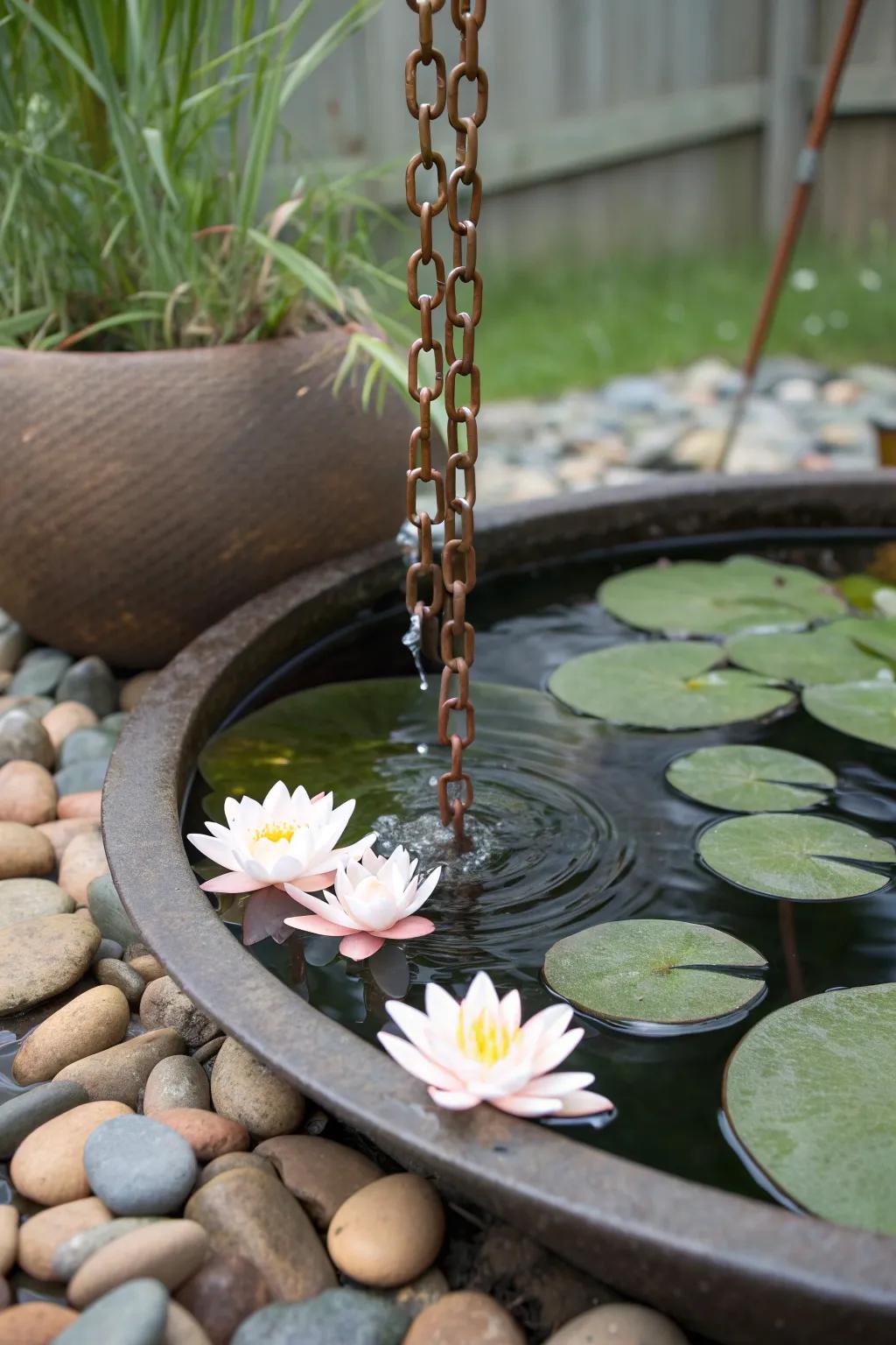 Embrace tranquility with a minimalist miniature pond under your rain chain, where simplicity meets natural elegance.