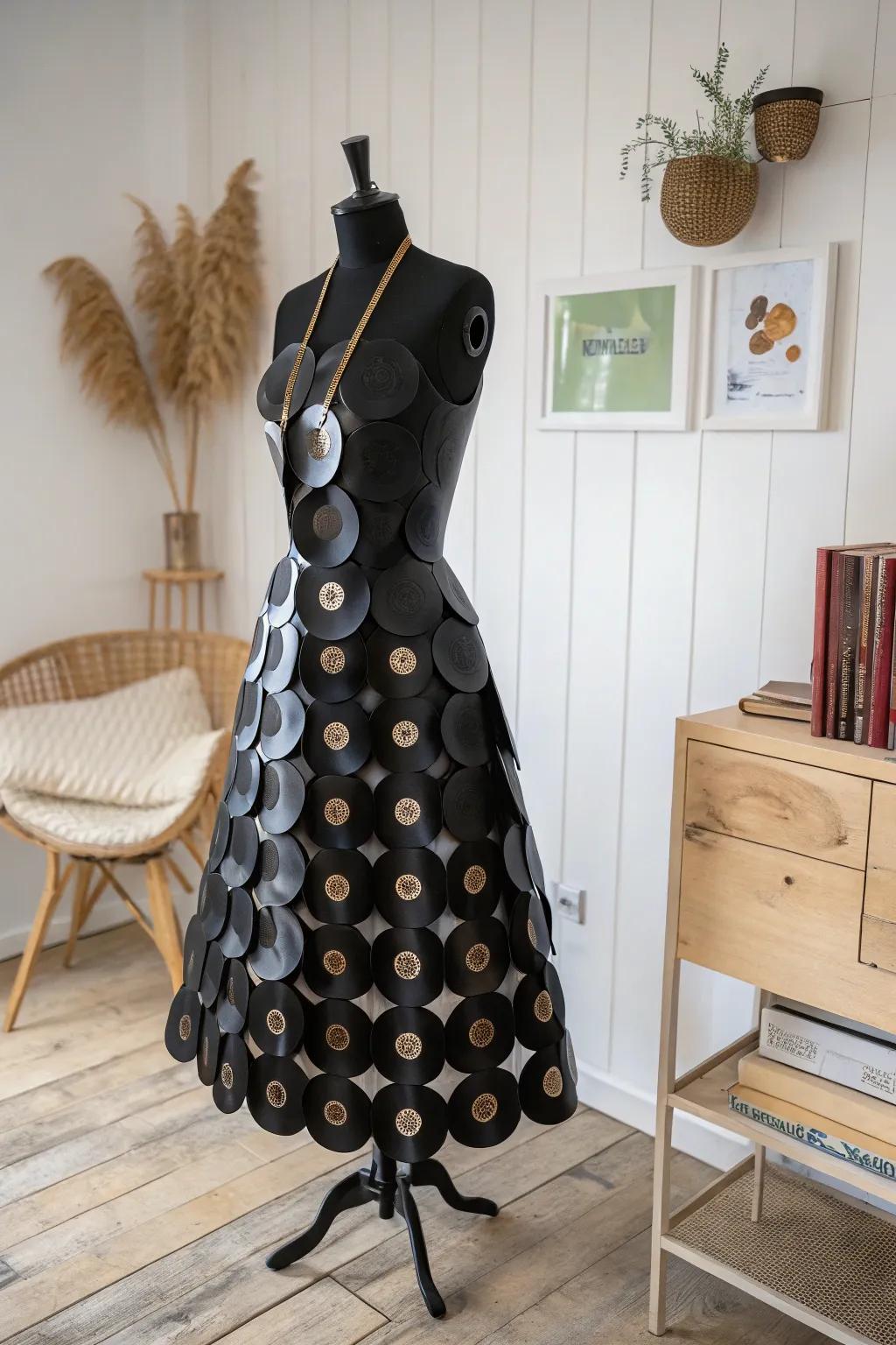 Spin into style with this one-of-a-kind vinyl record dress—where music meets fashion in a minimalist boho twist!
