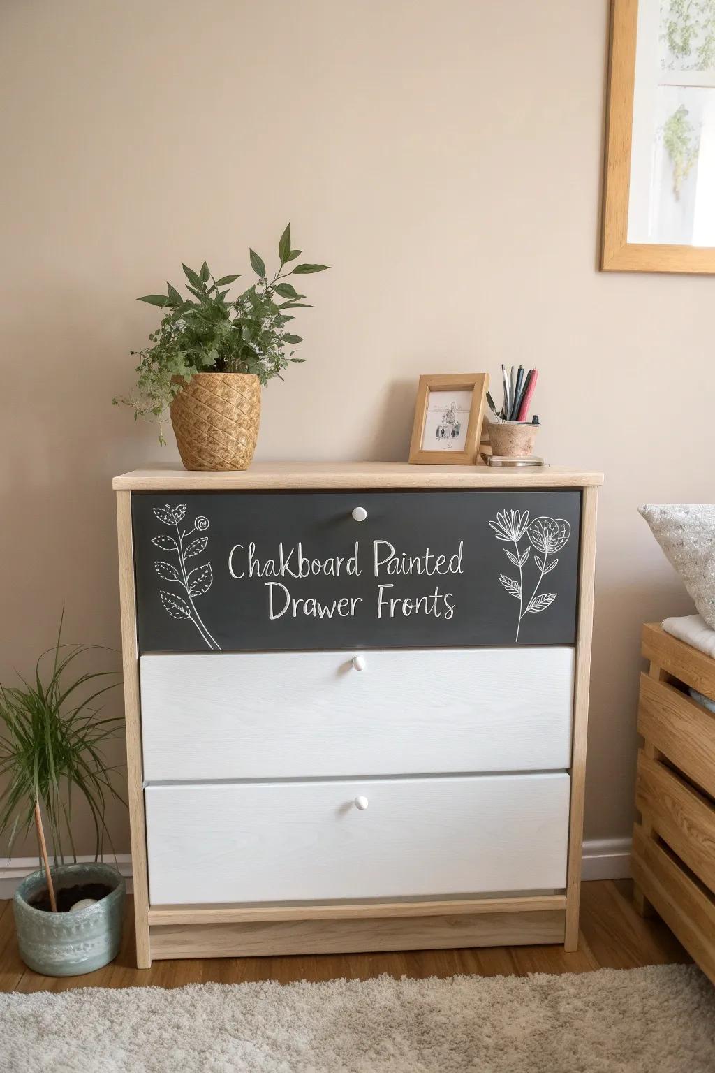Transform your dresser into a canvas for creativity with chalkboard paint—perfect for personalized style and daily inspiration!