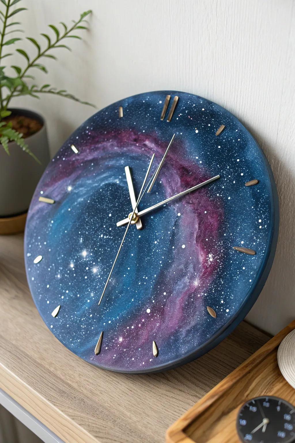 Bring the cosmos home with a stunning galaxy resin clock that adds a celestial touch to your minimalist decor.