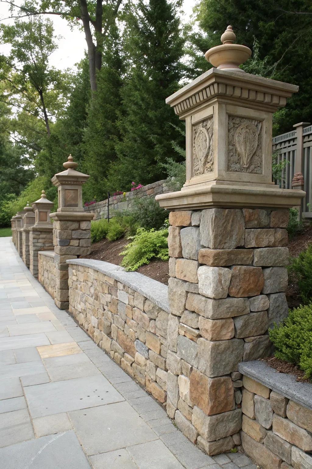 Elevate your garden's entrance with elegant stone end posts for a touch of timeless charm.