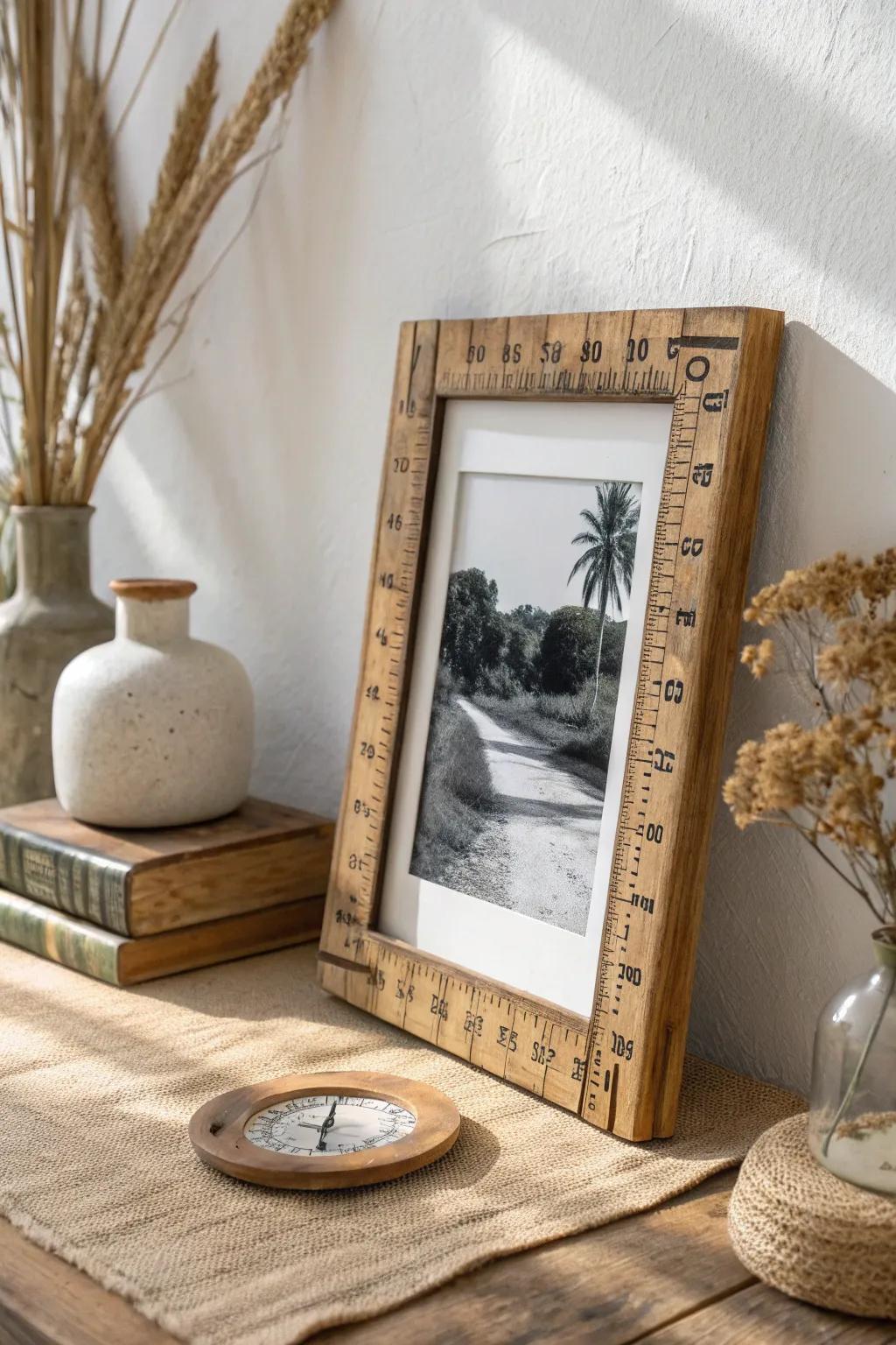 Transform vintage yardsticks into charming decor with a nostalgic twist. Perfect for adding rustic warmth to any minimalist space.