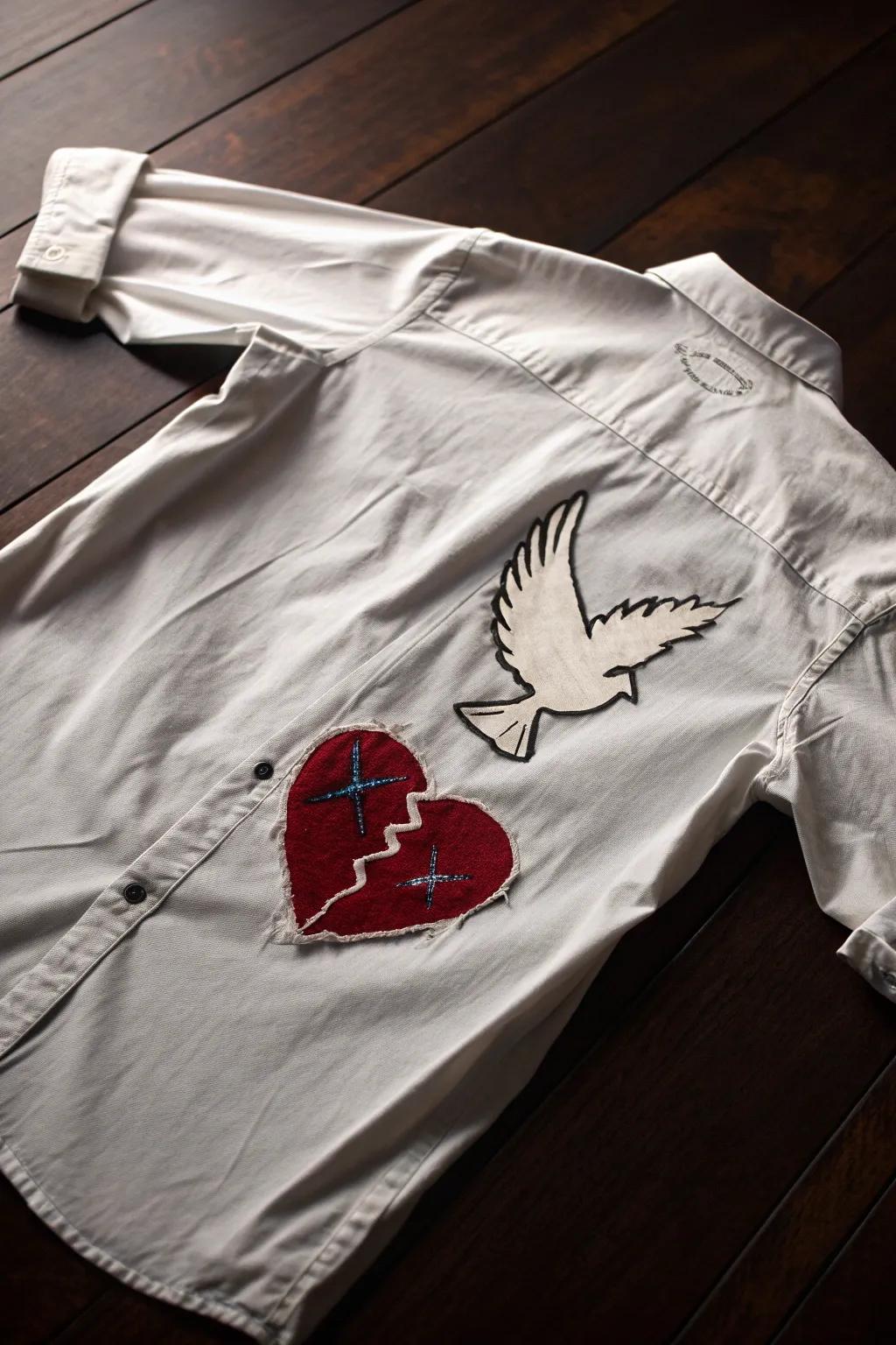 Wear your story: A ripped shirt that speaks volumes with symbols of love and peace.