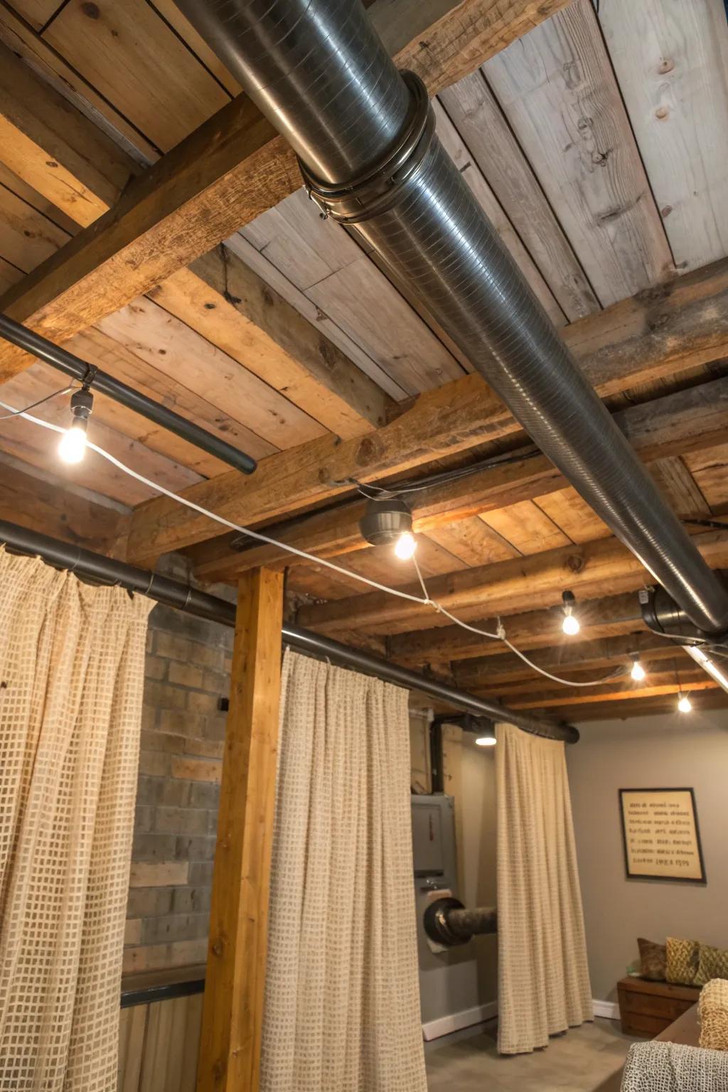 Elevate your space with a rustic ceiling that masterfully mixes textures for a captivating look.