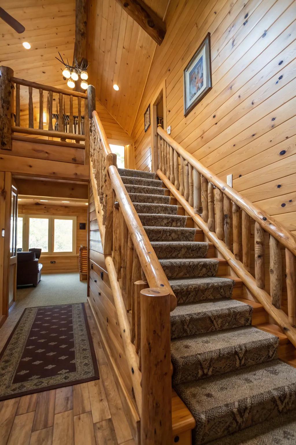 Log-inspired railings that bring a cabin-like charm to a staircase.