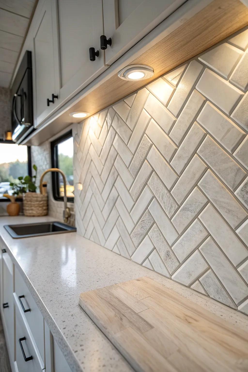 Elevate your RV kitchen with a stunning herringbone backsplash that combines simplicity and elegance. 🌿✨ #MinimalistDesign #BohoChic