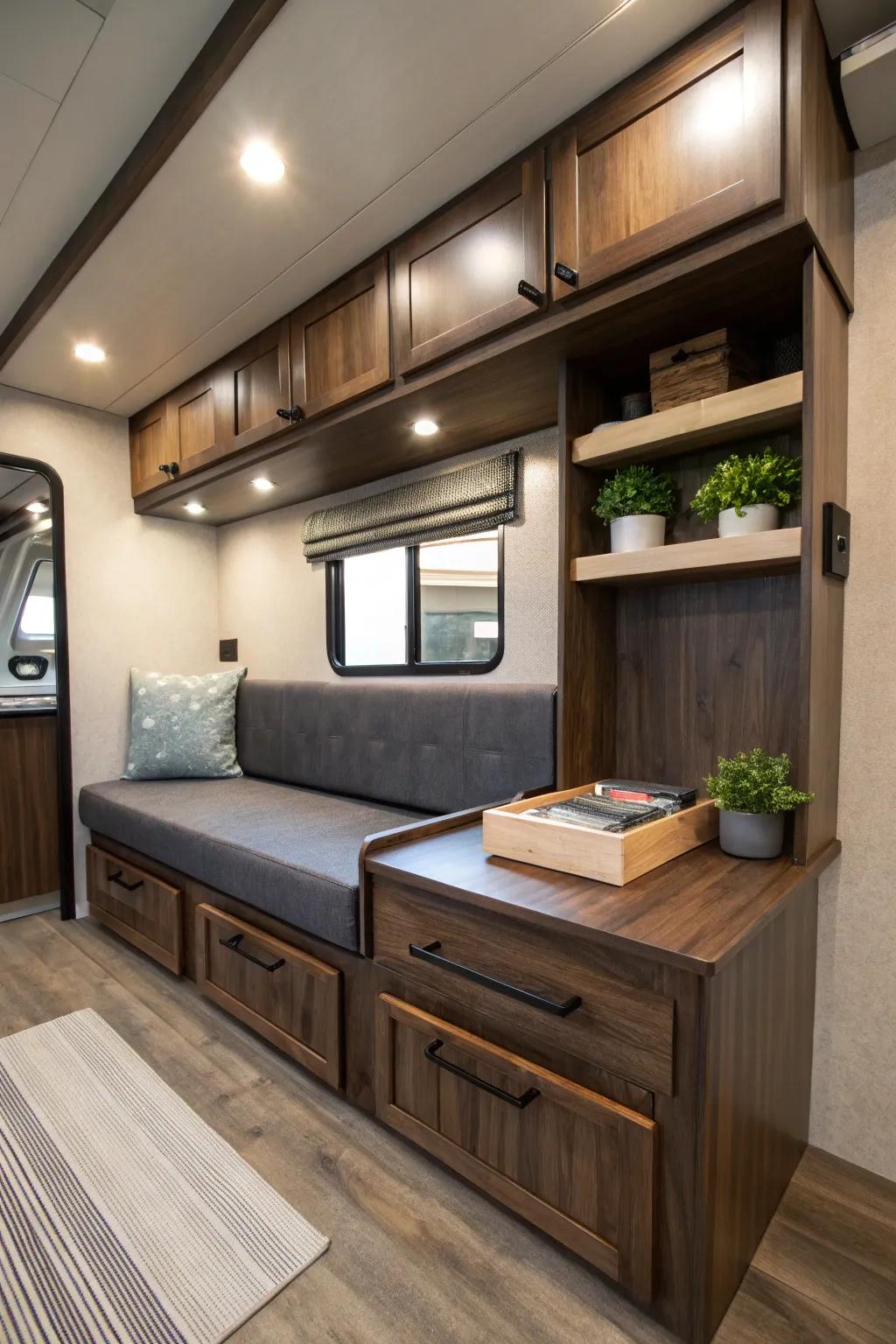 Transform your RV with stylish hidden storage solutions for a neat and organized living space.