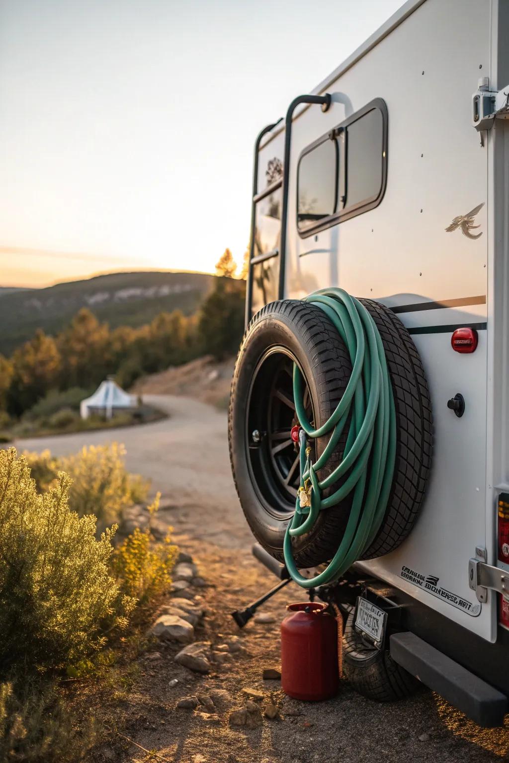 Optimize your RV travel by cleverly using spare tire space for hose storage.