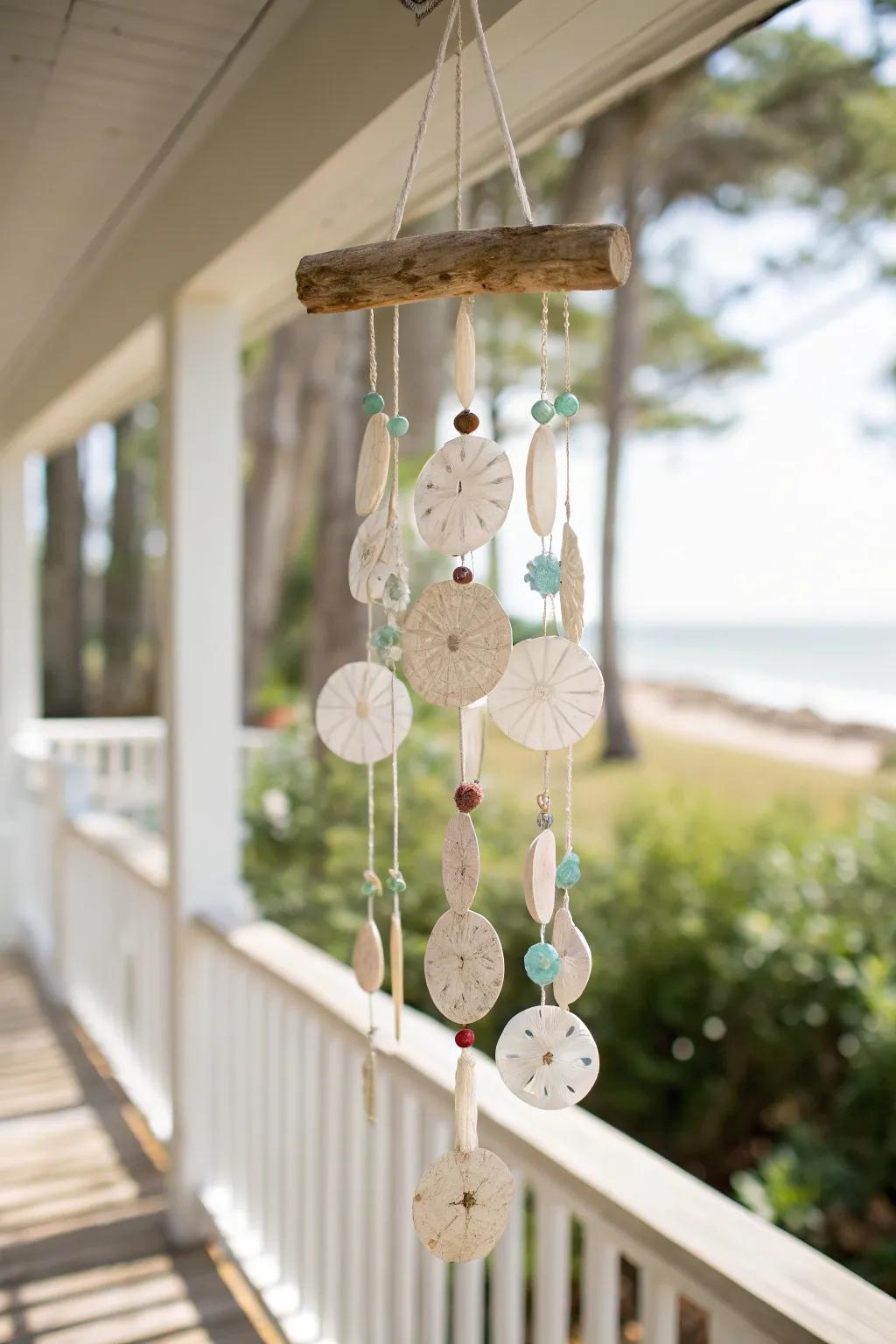 Embrace serenity with handcrafted sand dollar wind chimes, a perfect blend of nature and art.