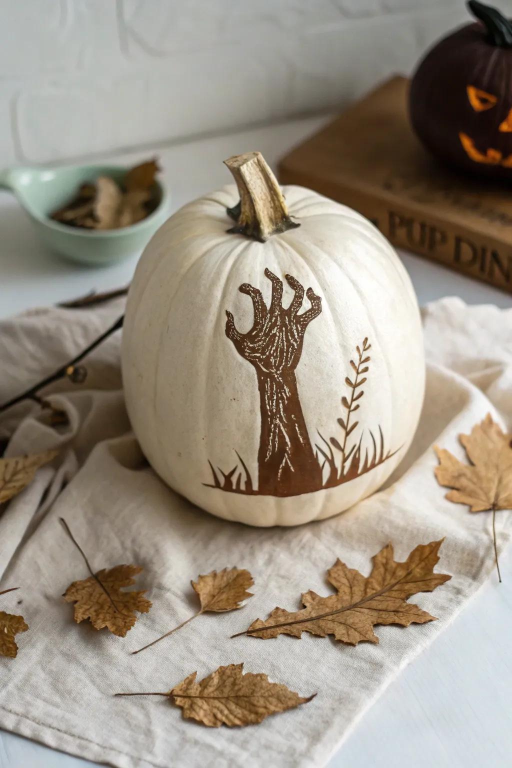 Escape the ordinary with this stunning zombie hand pumpkin carving, blending minimalist style with a touch of spooky elegance.