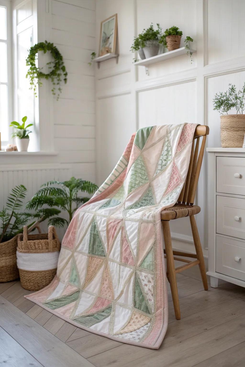 Embrace the art of simplicity with this stunning string quilt, where every fabric strip finds its perfect place.