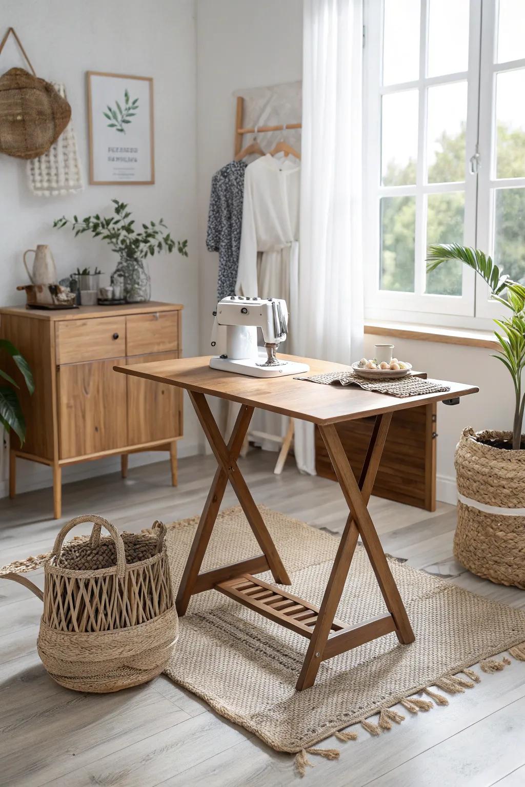 Embrace simplicity and style with a foldable table for your sewing sanctuary. Perfect for small spaces and big inspirations! 🌿✨