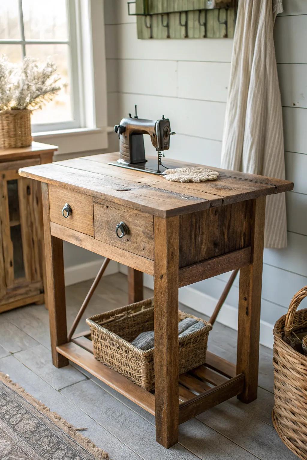 Embrace rustic elegance with a reclaimed wood sewing table, where history meets craftsmanship in your creative space.