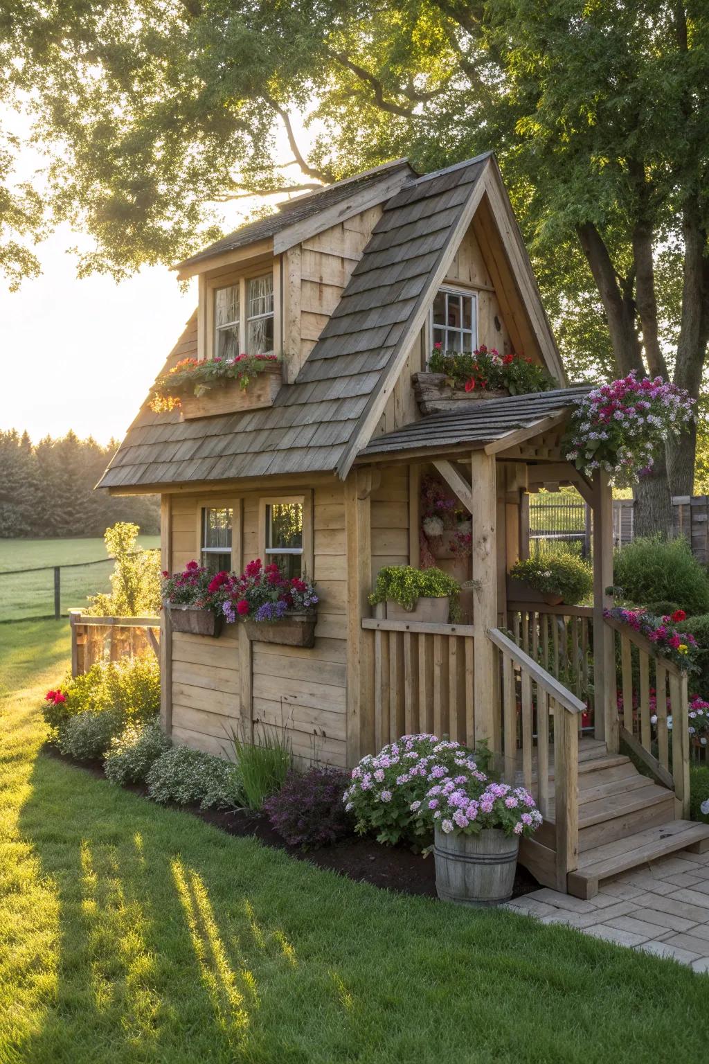 Transform your shed into a charming cottage-style chicken coop, where rustic elegance meets nature's beauty. 🌸🐔
