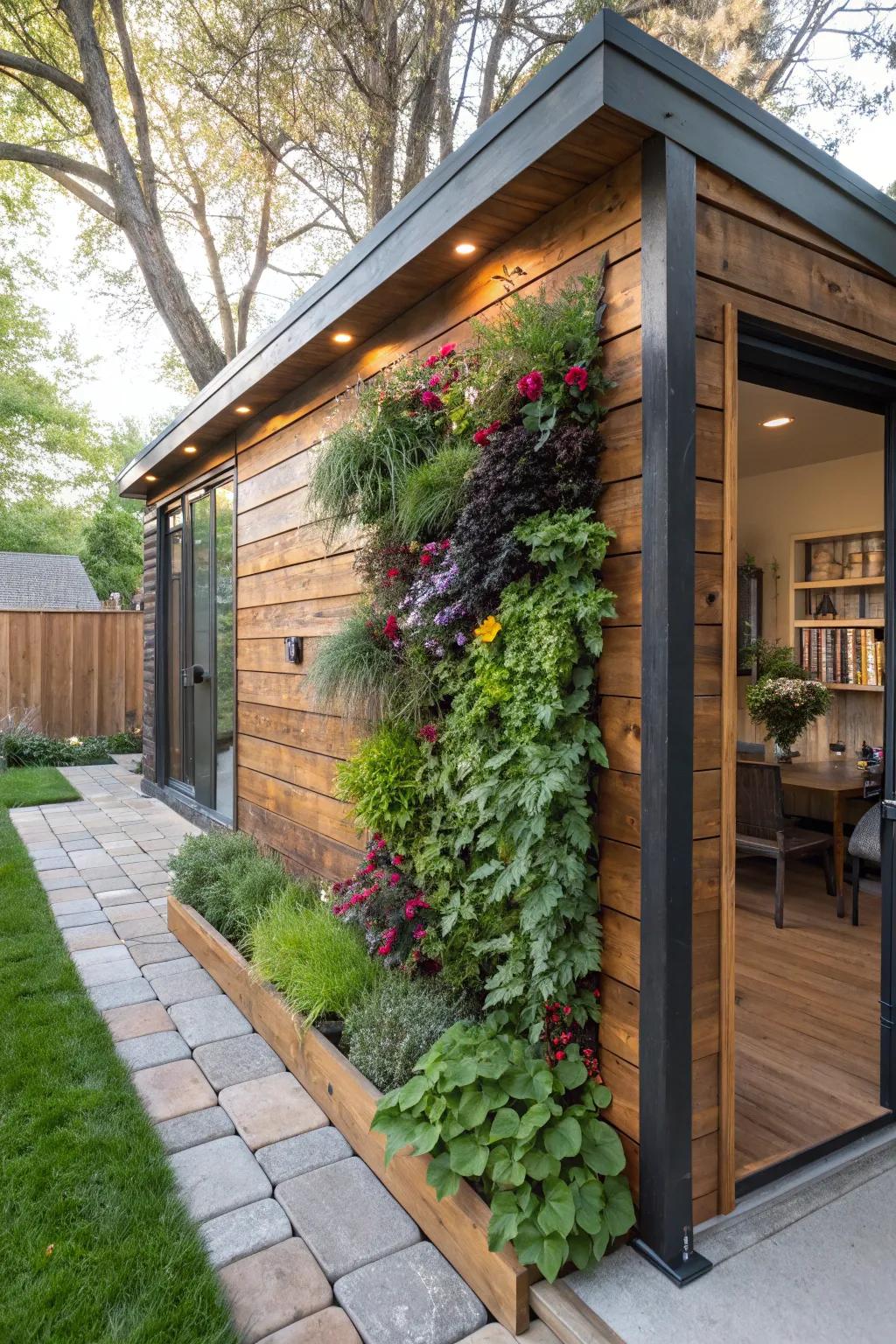 Elevate your shed’s style with a stunning vertical garden that breathes life and color into your space.