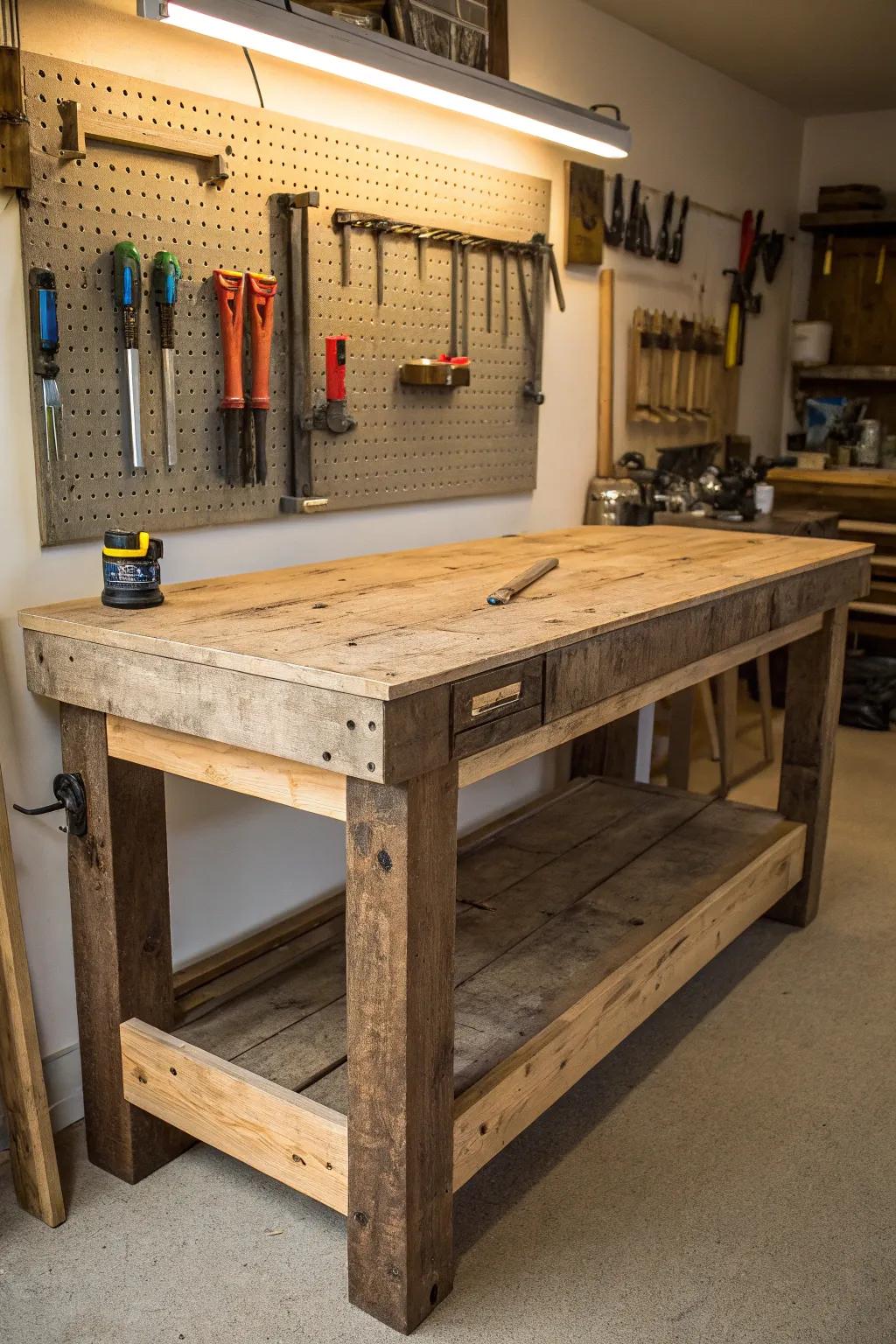 Craft your dreams on a budget-friendly, rustic workbench—your ultimate man cave upgrade.