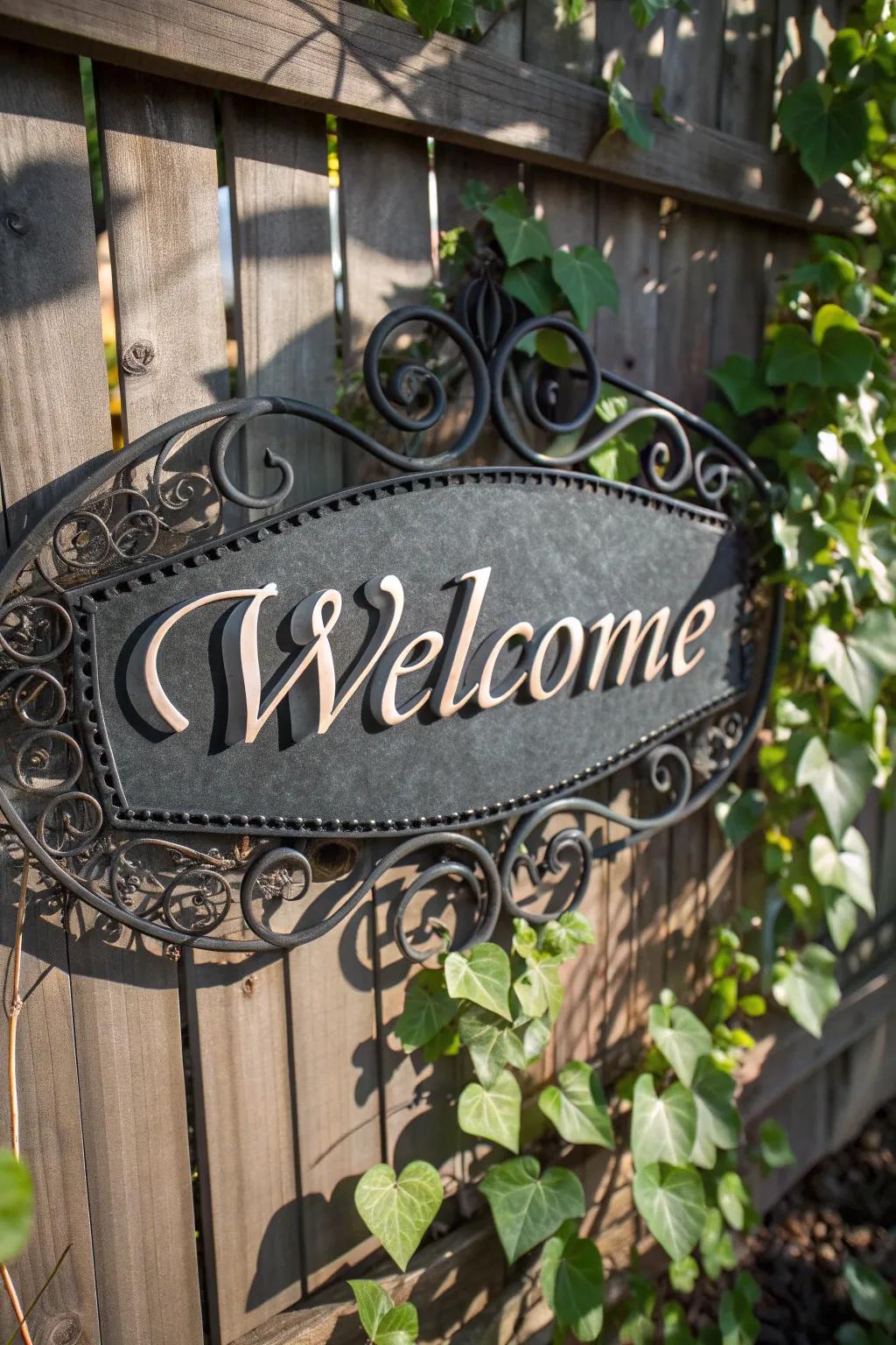 Add a personal touch to your entrance with a custom metal 'Welcome' sign that blends elegance and charm.