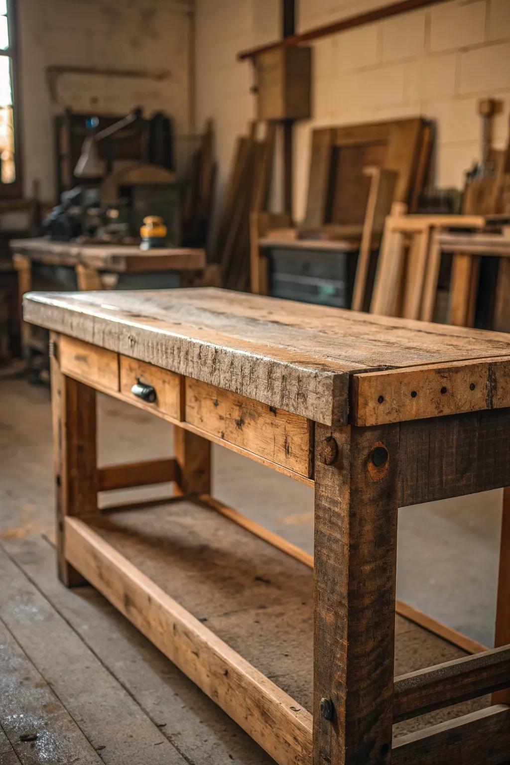 Transform your workspace with a unique, eco-friendly workbench made from reclaimed wood and vintage furniture.