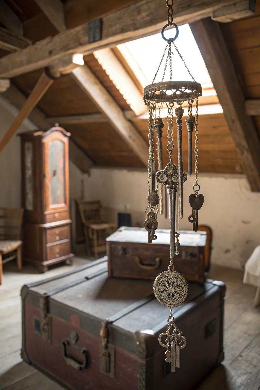 Vintage keys add a nostalgic touch to this silverware wind chime.