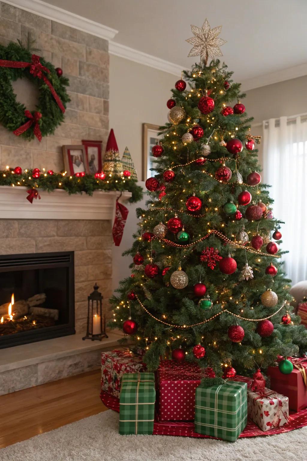 Classic red and green decorations evoke timeless holiday cheer.
