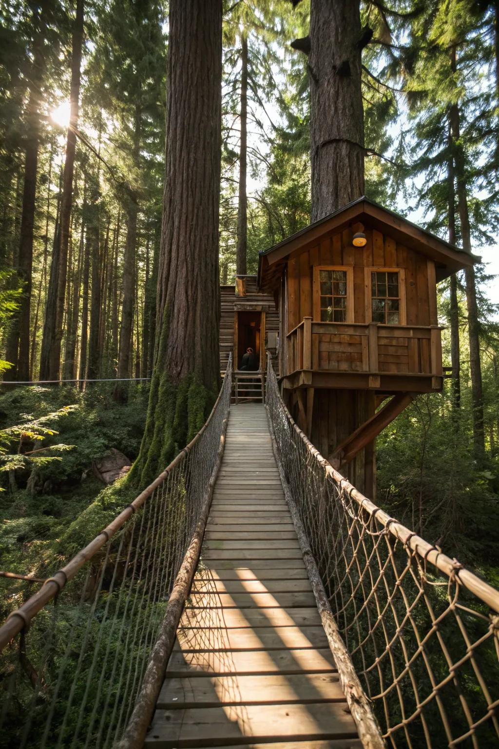 Elevate your tree house game with an adventurous rope bridge connection.
