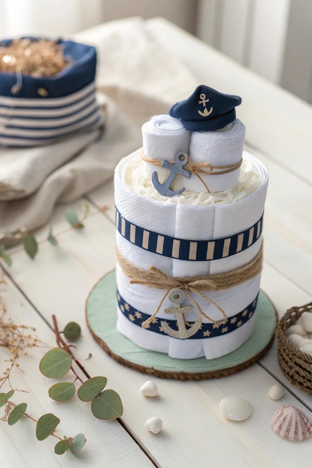 Sail away with style: Discover the charm of our nautical diaper cake centerpiece!