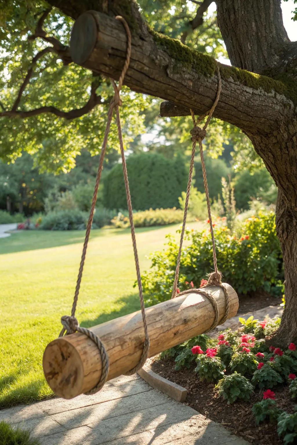 Relax and enjoy nature's embrace with a stunning log swing in your garden oasis.