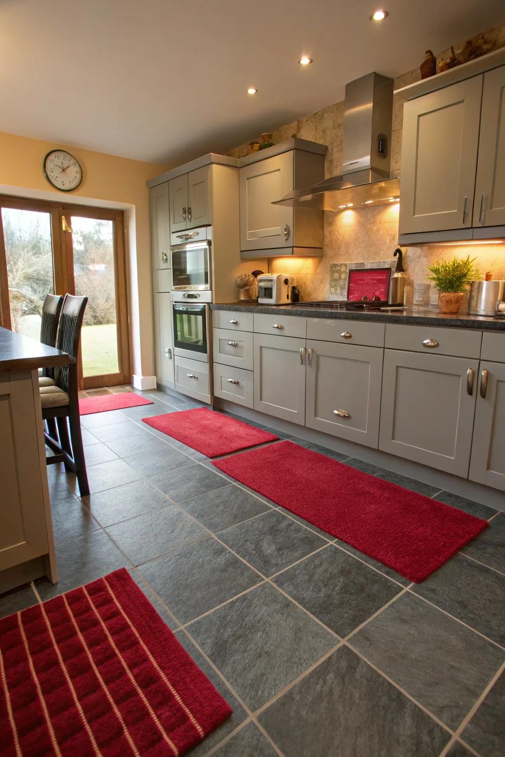 Grey flooring complemented by red accents for a cohesive look.