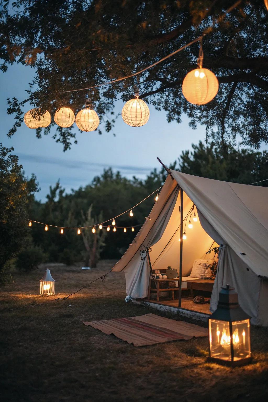 Elegant tent with hanging lanterns.