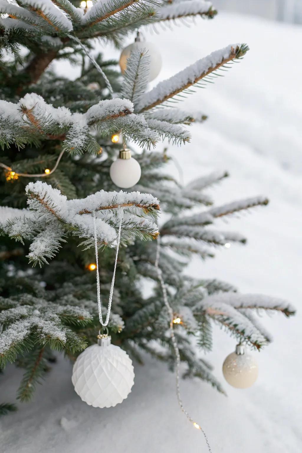 Scandinavian minimalist decorations for a chic and elegant snowy Christmas tree.