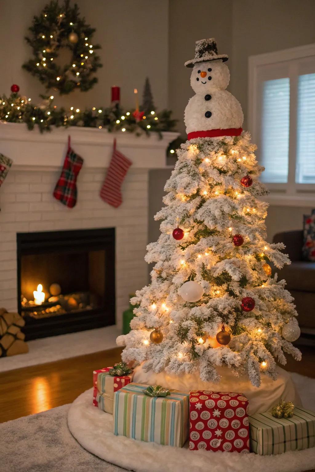 Faux snow adds a frosty effect to the snowman tree.