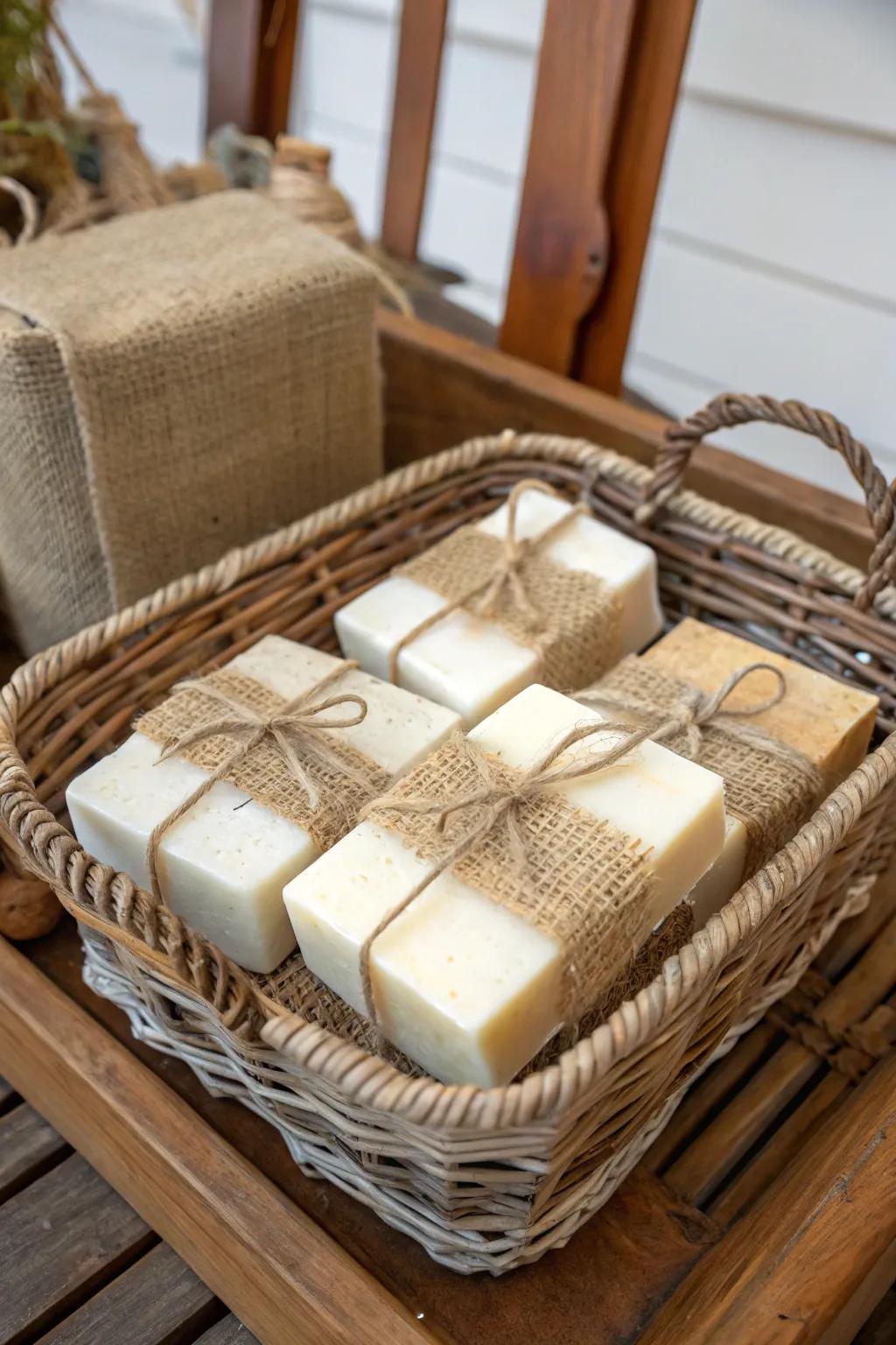 Rustic wrapped soaps that exude farmhouse charm.