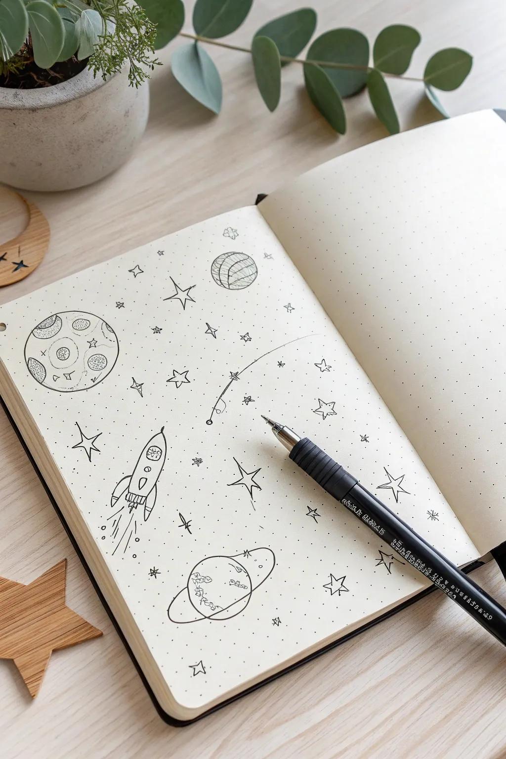 Unleash your imagination with a cosmic collage of space doodles—perfect for minimalist art lovers!
