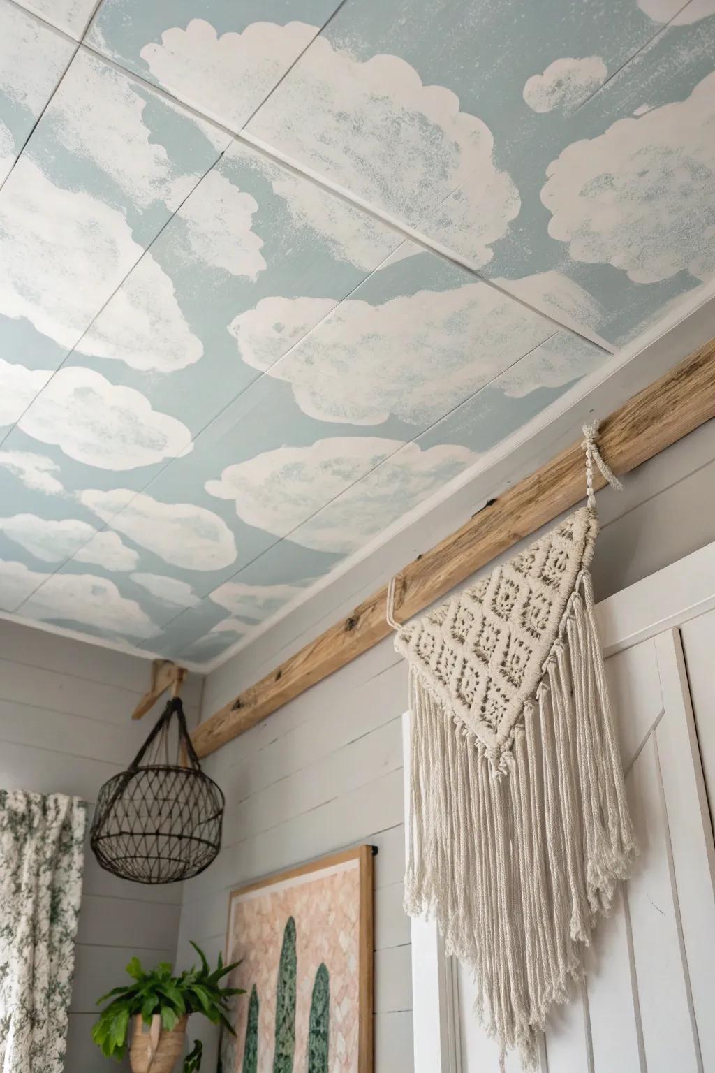 Transform your space with dreamy sponge-painted clouds for a serene and whimsical touch.