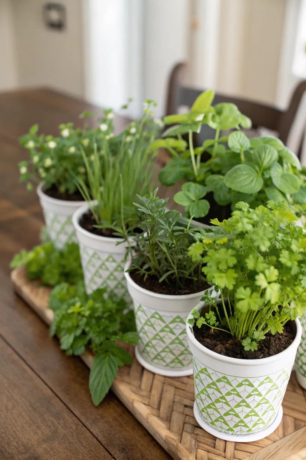 A mini herb garden brings a fresh, natural touch to the table.