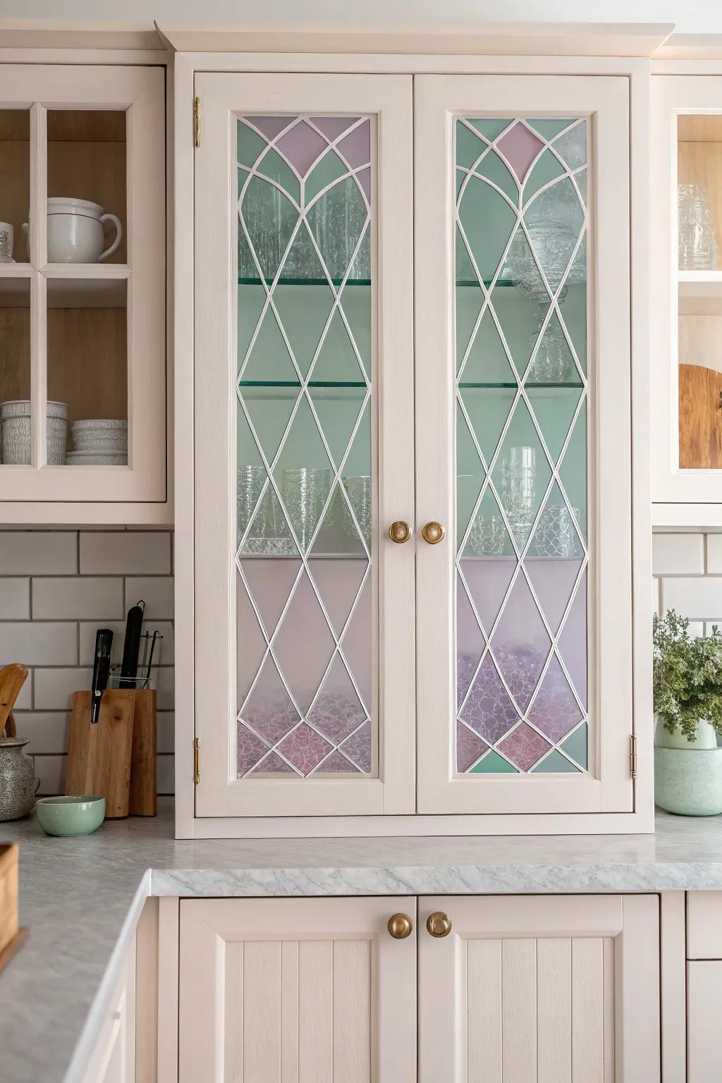 Elevate your kitchen space with the elegance of pastel stained glass cabinet fronts.