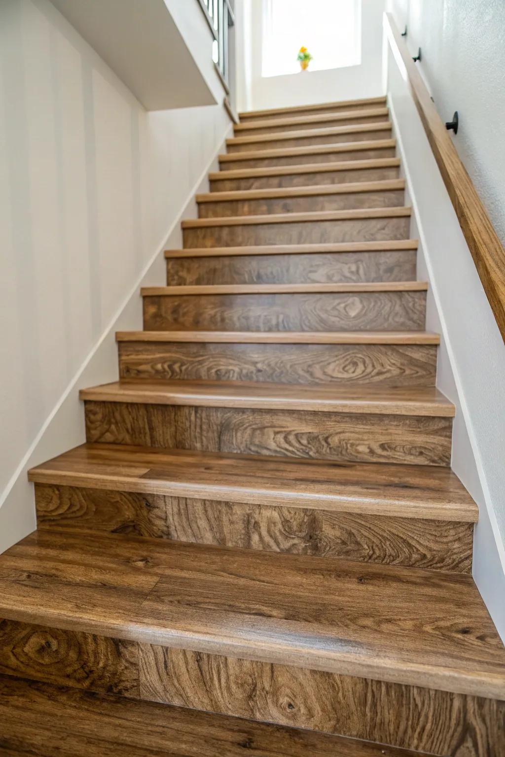 Vinyl stair covers provide durability and mimic the look of wood.