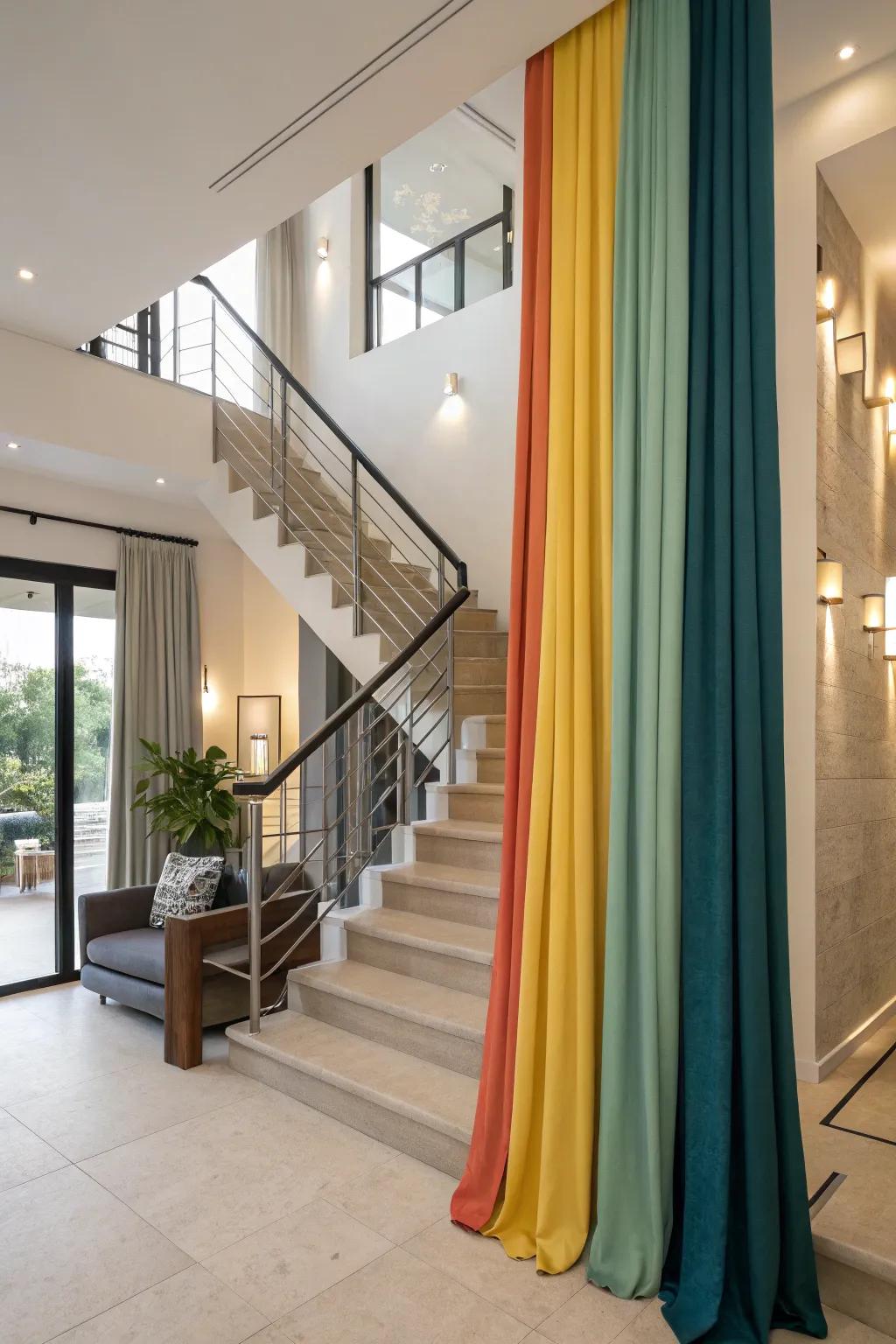 Color-blocking with curtains creates a bold and striking visual in your stairwell.