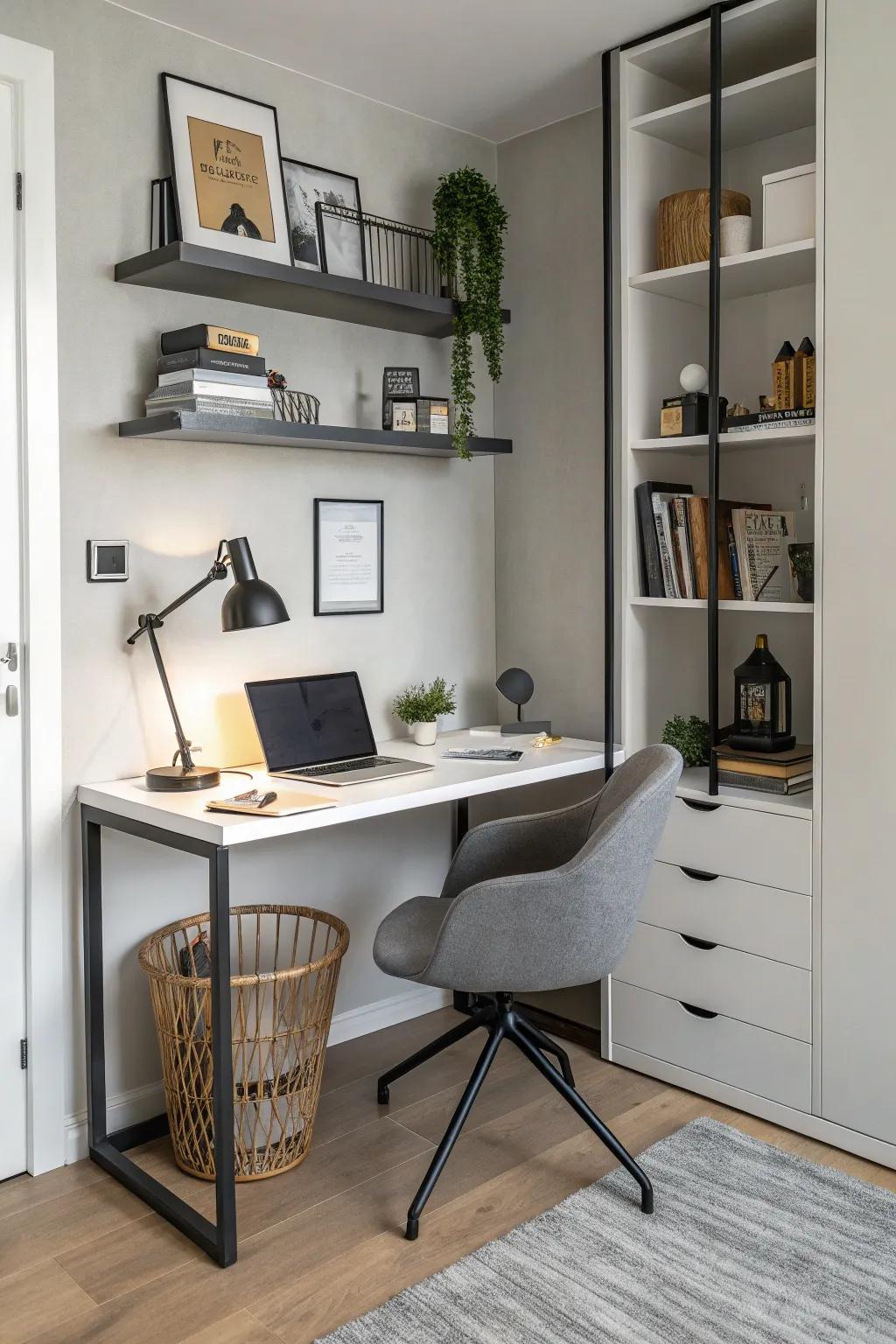 A compact standing desk setup that maximizes space efficiency.