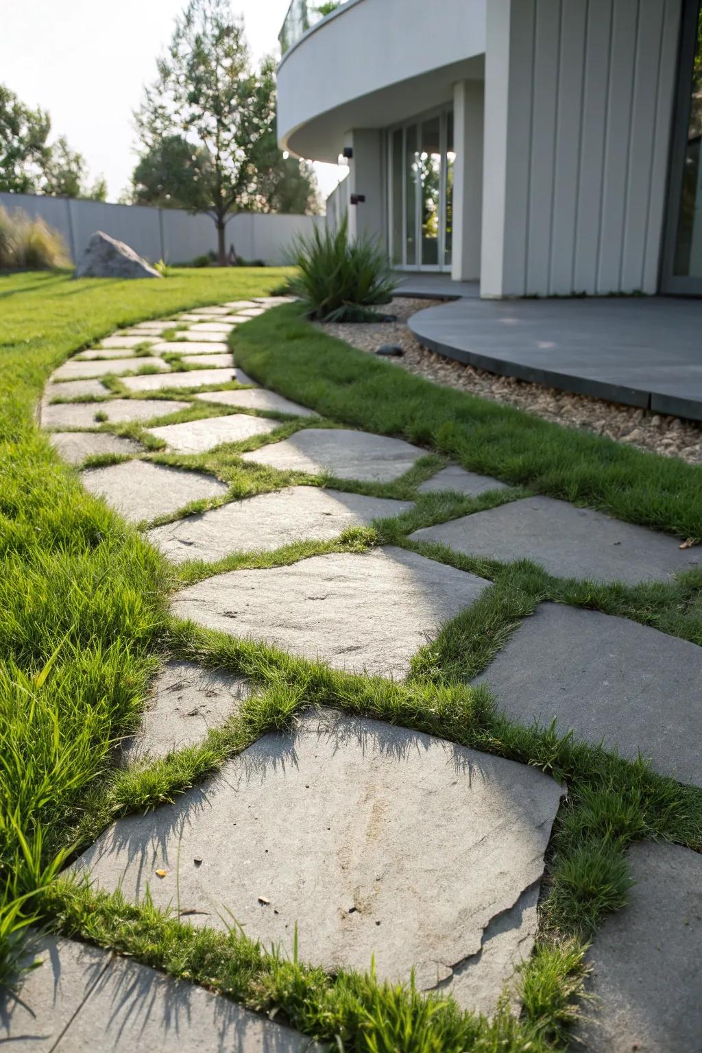 Embrace natural elegance with grass-filled gaps in your stepping stone walkway.