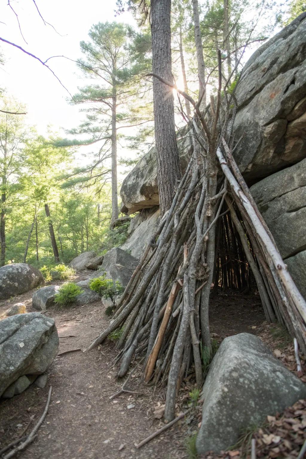 Discover the art of blending nature with creativity: a stick fort in harmony with a rock garden.