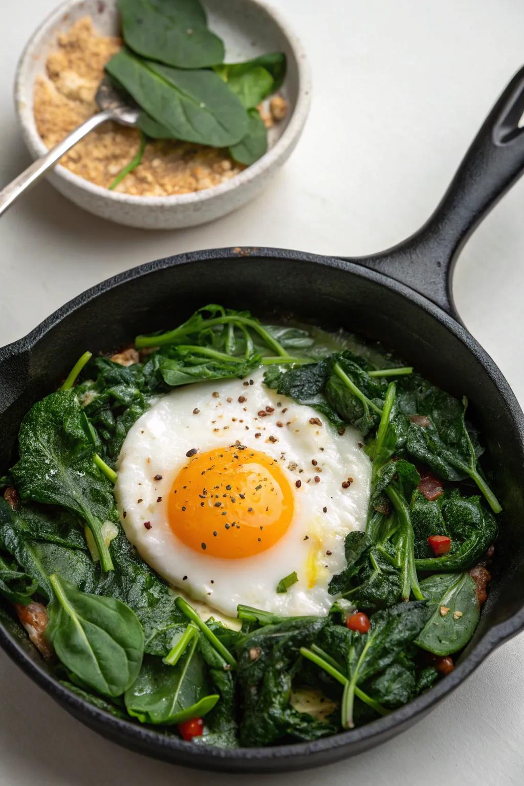Egg and spinach breakfast skillet, a hearty start.