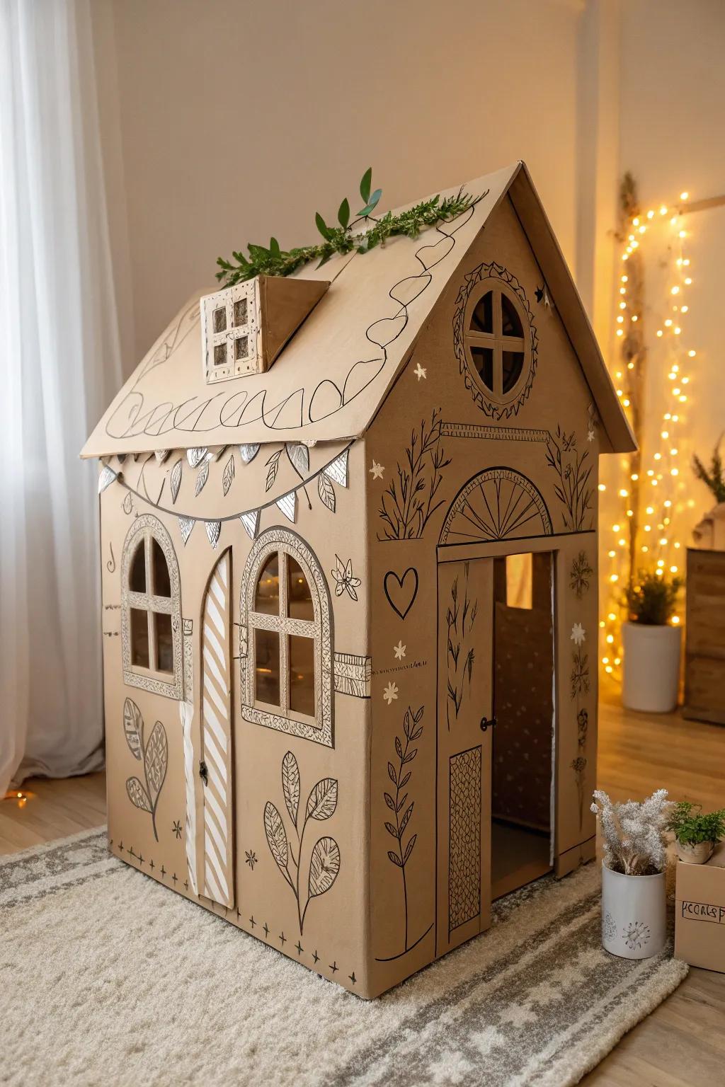 Imagination meets sustainability: A charming cardboard playhouse crafted with love and creativity.